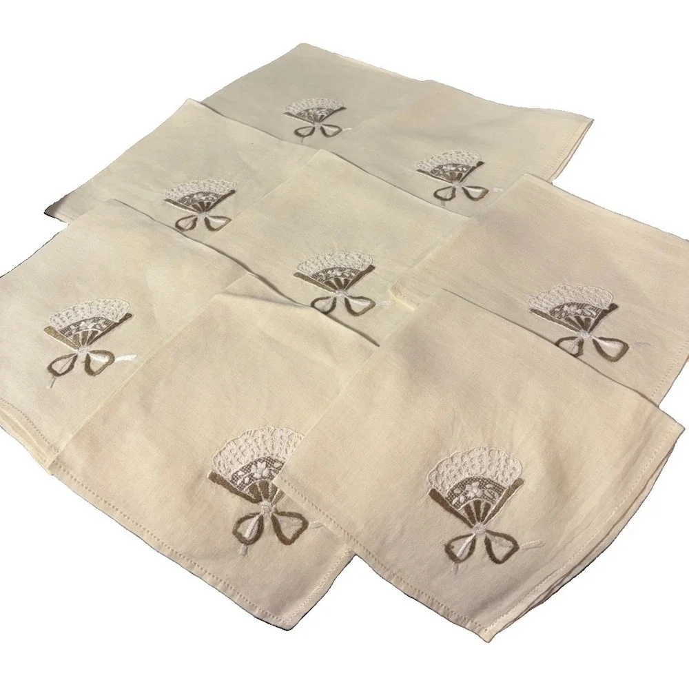 Vintage Linen Napkins Set of 8 Embroidered Fan Bow Ivory Cream 16